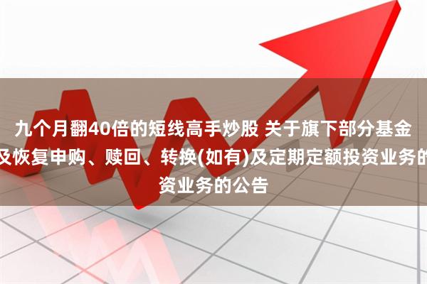 九个月翻40倍的短线高手炒股 关于旗下部分基金暂停及恢复申购、赎回、转换(如有)及定期定额投资业务的公告