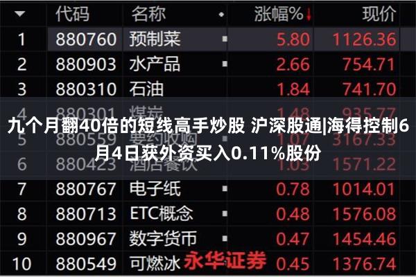 九个月翻40倍的短线高手炒股 沪深股通|海得控制6月4日获外资买入0.11%股份